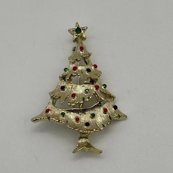 Vintage Gerry's Christmas Tree Pin, Gold Metal Green Red Decorations, Book Piece - Picture 5 of 15